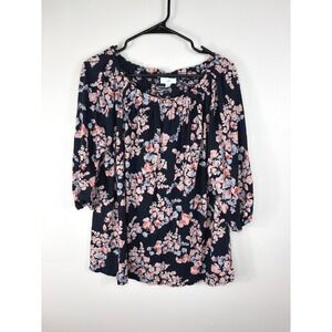 J. Jill 3/4 Sleeve Floral Blouse Black Pink Women's Size XL Whimsygoth Casual